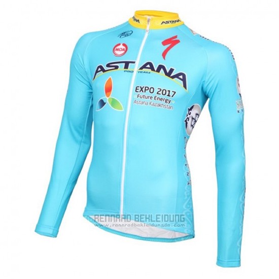 2016 Fahrradbekleidung Astana Hellblau und Gelb Trikot Langarm und Tragerhose - zum Schließen ins Bild klicken